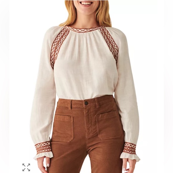 Faherty Tops - • Faherty • Women’s Arles Embroidered Top White and Brown Medium
